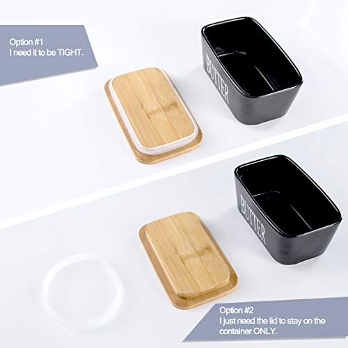 Hasense Butter Dish with Lid for Countertop -Ceramic Covered Butter Holder with Knife for Refrigerator, Airtight Butter Keeper Container Storage with Silicone Sealing for East West Coast Butter, Black