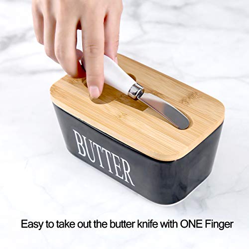 Hasense Butter Dish with Lid for Countertop -Ceramic Covered Butter Holder with Knife for Refrigerator, Airtight Butter Keeper Container Storage with Silicone Sealing for East West Coast Butter, Black