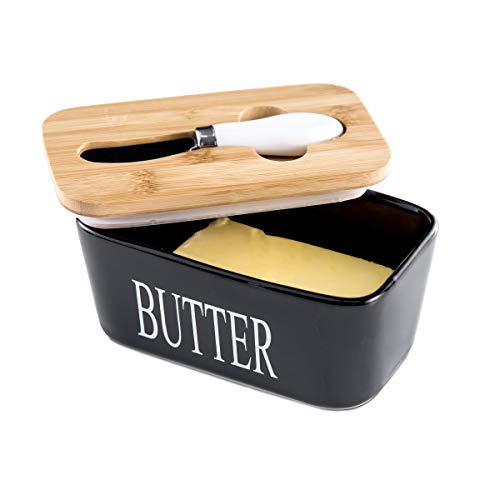 Hasense Butter Dish with Lid for Countertop -Ceramic Covered Butter Holder with Knife for Refrigerator, Airtight Butter Keeper Container Storage with Silicone Sealing for East West Coast Butter, Black