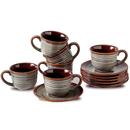 Hasense Espresso Cups Set of 6, 4 oz Porcelain Cappuccino Cup with Saucers, Mini Coffee Cups for Home and Office, Coffee Mugs for Double Espresso, Cafe Mocha, Cappuccino, Tea - Grey Brown