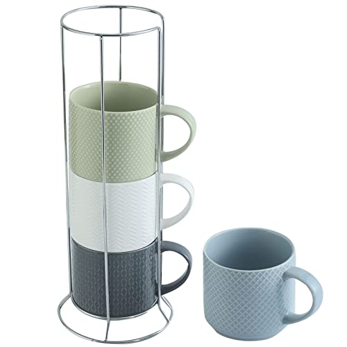 Hasense Coffee Mugs, Stackable Porcelain Coffee Cups Gift Set of 4 with Metal Stand, 15 Ounce Embossed Cappuccino Cups for Latte, Hot Chocolate, Cocoa, Mocha and Tea, Microwave Safe, Multi Color