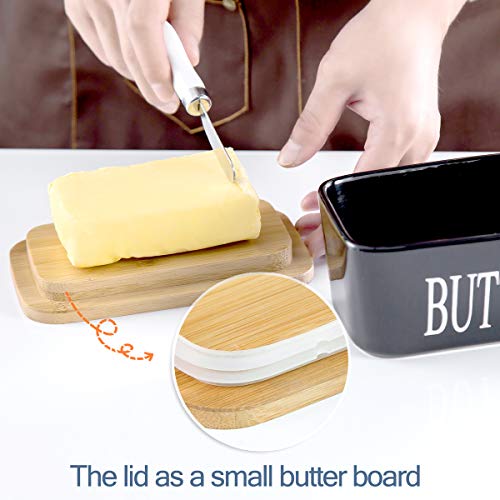 Hasense Butter Dish with Lid for Countertop -Ceramic Covered Butter Holder with Knife for Refrigerator, Airtight Butter Keeper Container Storage with Silicone Sealing for East West Coast Butter, Black