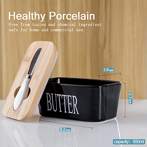 Hasense Butter Dish with Lid for Countertop -Ceramic Covered Butter Holder with Knife for Refrigerator, Airtight Butter Keeper Container Storage with Silicone Sealing for East West Coast Butter, Black