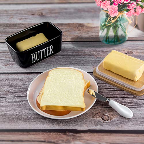 Hasense Butter Dish with Lid for Countertop -Ceramic Covered Butter Holder with Knife for Refrigerator, Airtight Butter Keeper Container Storage with Silicone Sealing for East West Coast Butter, Black