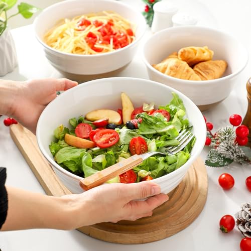 Hasense Mixing Bowls, Large Ceramic Salad Bowls 2.1/1.5/1.0 Qt, Versatile Serving Bowls for Cooking, Baking, Salad Mixing, Prepping, Nesting White Bowl Set, Dishwasher Safe, Set of 3