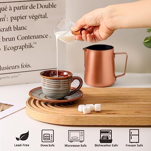 Hasense Espresso Cups Set of 6, 4 oz Porcelain Cappuccino Cup with Saucers, Mini Coffee Cups for Home and Office, Coffee Mugs for Double Espresso, Cafe Mocha, Cappuccino, Tea - Grey Brown