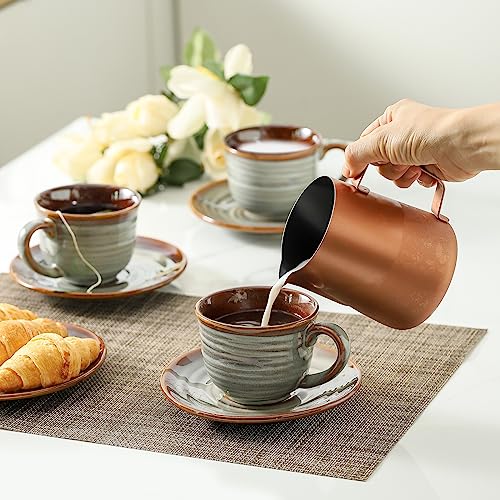 Hasense Espresso Cups Set of 6, 4 oz Porcelain Cappuccino Cup with Saucers, Mini Coffee Cups for Home and Office, Coffee Mugs for Double Espresso, Cafe Mocha, Cappuccino, Tea - Grey Brown