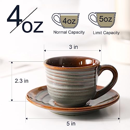 Hasense Espresso Cups Set of 6, 4 oz Porcelain Cappuccino Cup with Saucers, Mini Coffee Cups for Home and Office, Coffee Mugs for Double Espresso, Cafe Mocha, Cappuccino, Tea - Grey Brown