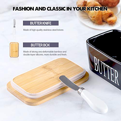 Hasense Butter Dish with Lid for Countertop -Ceramic Covered Butter Holder with Knife for Refrigerator, Airtight Butter Keeper Container Storage with Silicone Sealing for East West Coast Butter, Black