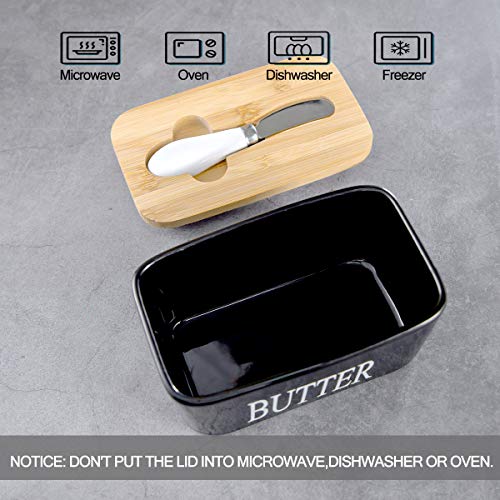 Hasense Butter Dish with Lid for Countertop -Ceramic Covered Butter Holder with Knife for Refrigerator, Airtight Butter Keeper Container Storage with Silicone Sealing for East West Coast Butter, Black