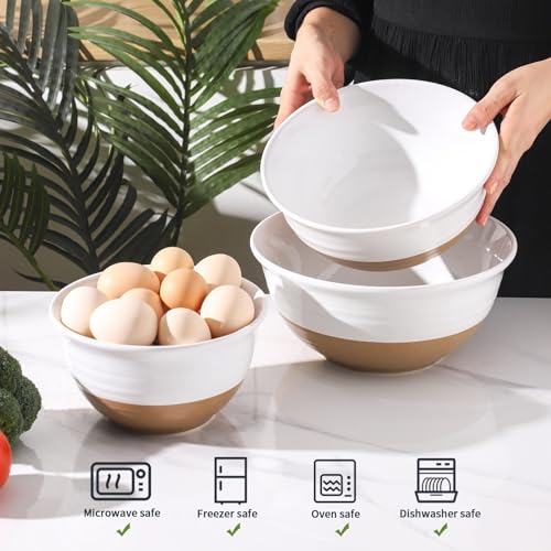 Hasense Mixing Bowls, Large Ceramic Salad Bowls 2.1/1.5/1.0 Qt, Versatile Serving Bowls for Cooking, Baking, Salad Mixing, Prepping, Nesting White Bowl Set, Dishwasher Safe, Set of 3