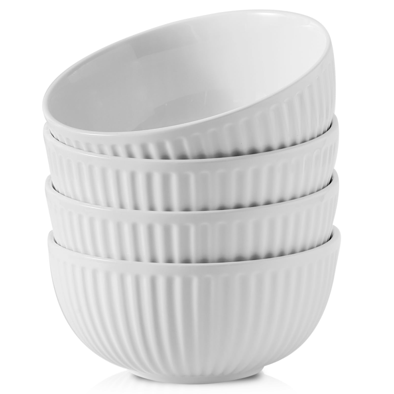 Hasense Large Serving Bowls 7 Inch - 42 Oz White Ceramic Salad Bowl Set of 4 for Kitchen,Modern Ribbed Porcelain Dishes for Entertaining,Soup,Pho,Pasta,Cereal, Noodle - Dishwasher & Microwave Safe