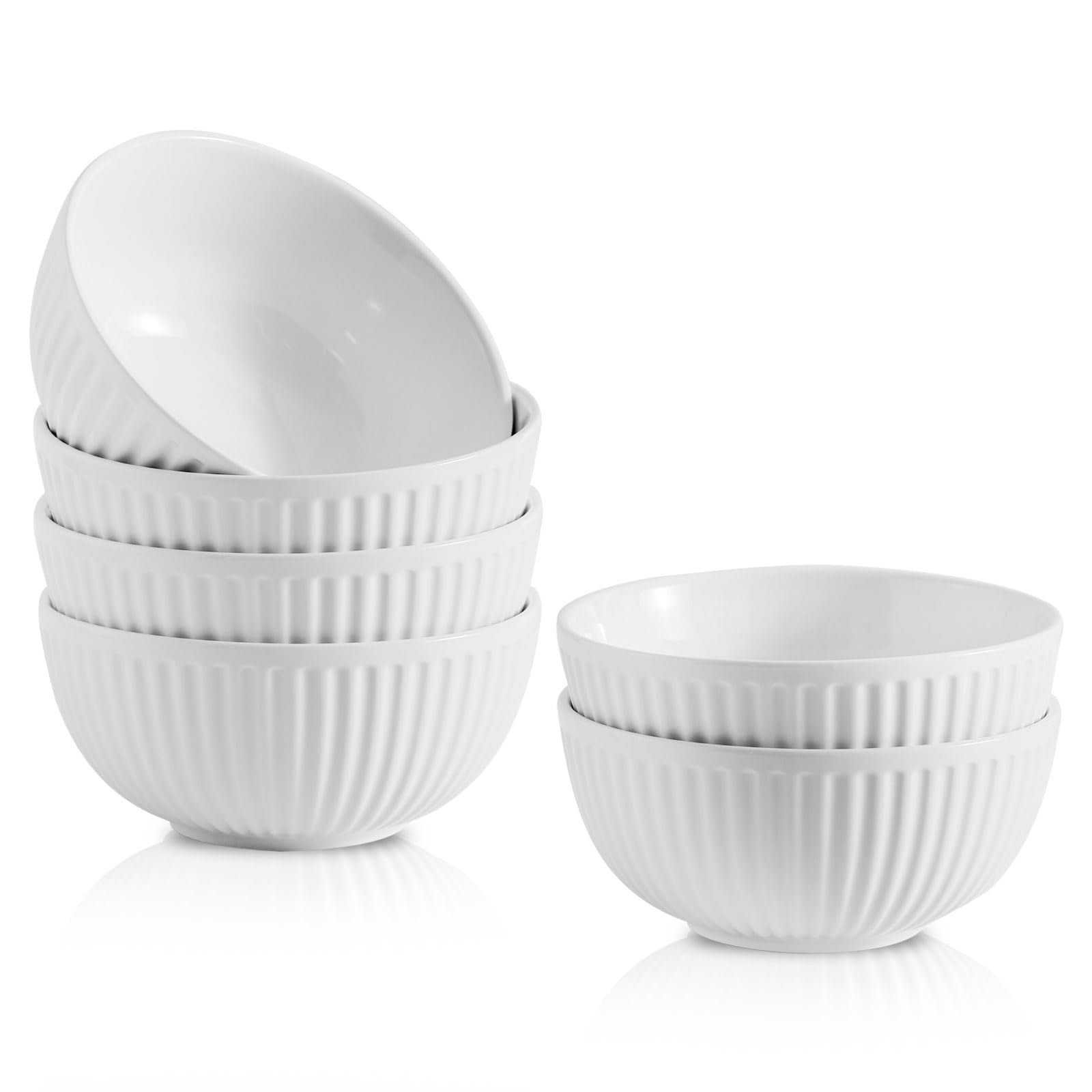 Hasense Cereal Bowls Set Ceramic 24 Oz - 6 Inch Soup Bowl Set of 6 for Kitchen,Modern Ribbed White Porcelain Dishes for Entertaining,Soup,Oatmeal,Pasta,Cereal,Noodle - Dishwasher & Microwave Safe