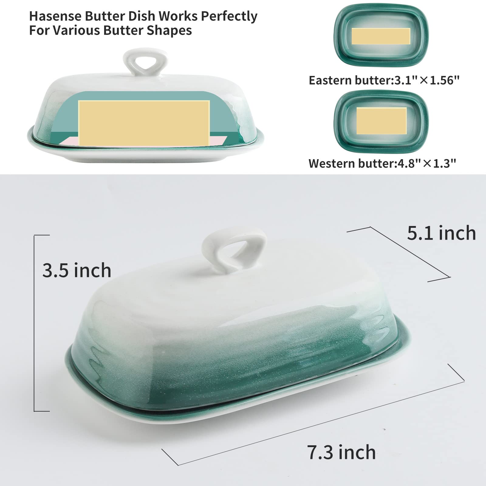 Hasense Butter Dish with Lid, Ceramic Butter Dish with Cover for Countertop, Porcelain Butter Keeper Holder with Handle Design for East West Coast Butter, Butter Tray with Lid for Fridge, Green