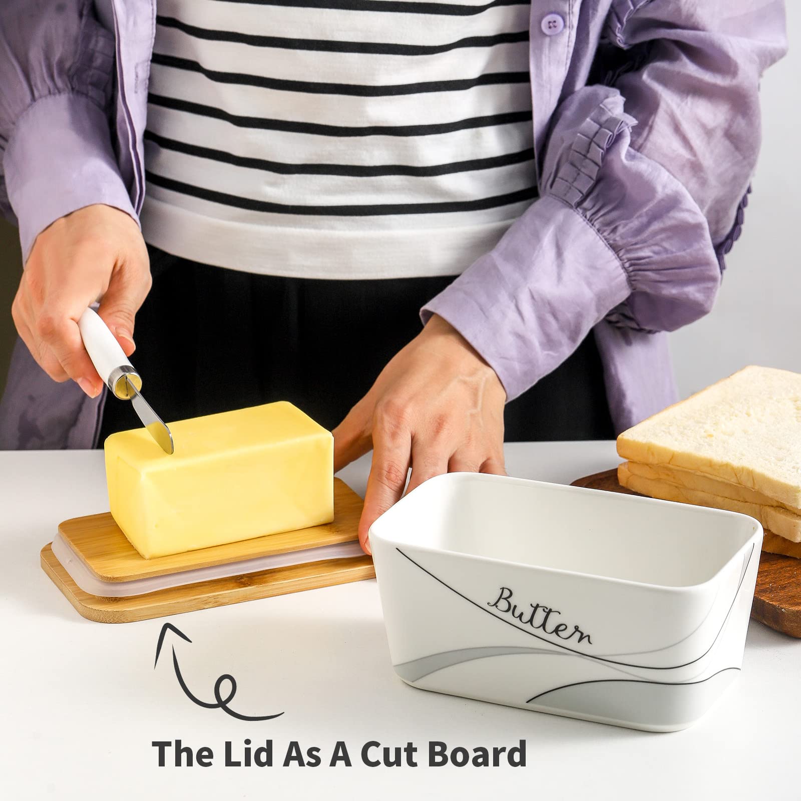 Hasense Covered Butter Dish with Lid for Countertop and Refrigerator, Large Ceramic Airtight Butter Holder Keeper Container with Knife Perfect for East West Coast Butter, Simple Lines