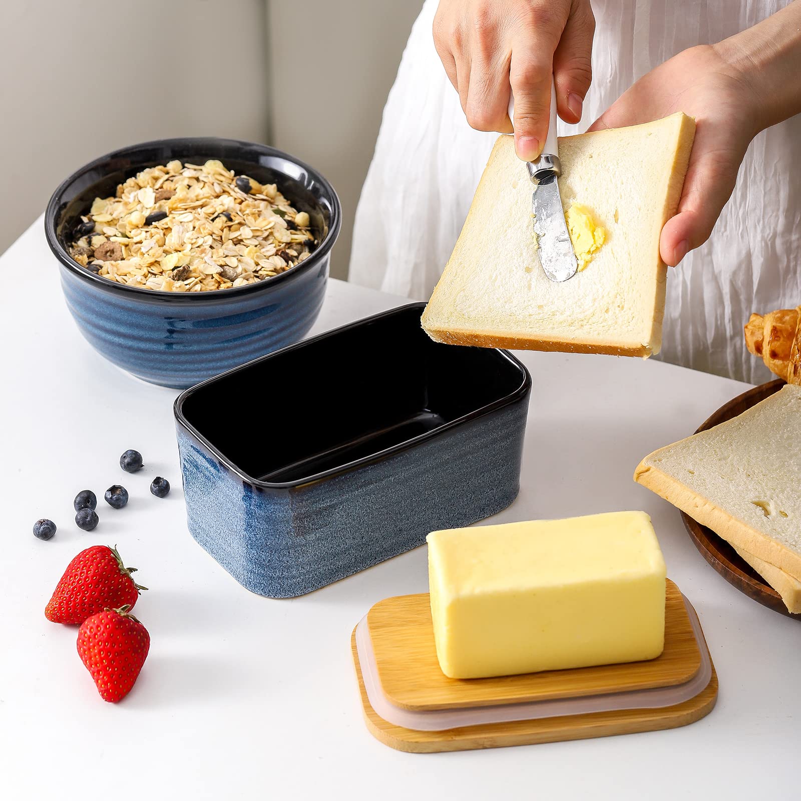 Hasense Airtight Butter Dish with Lid for Countertop and Refrigerator, Large Ceramic Covered Butter Holder Keeper Container with Knife and Silicone Sealing for Home Kitchen Farmhouse Decor, Navy