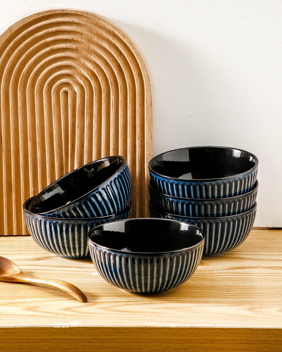 Hasense Porcelain Cereal Bowls Set 24 Oz - 6 Inch Soup Bowl Set of 6 for Kitchen,Modern Ribbed Ceramic Dishes for Entertaining,Soup,Oatmeal,Pasta,Cereal,Noodle - Dishwasher & Microwave Safe, Blue