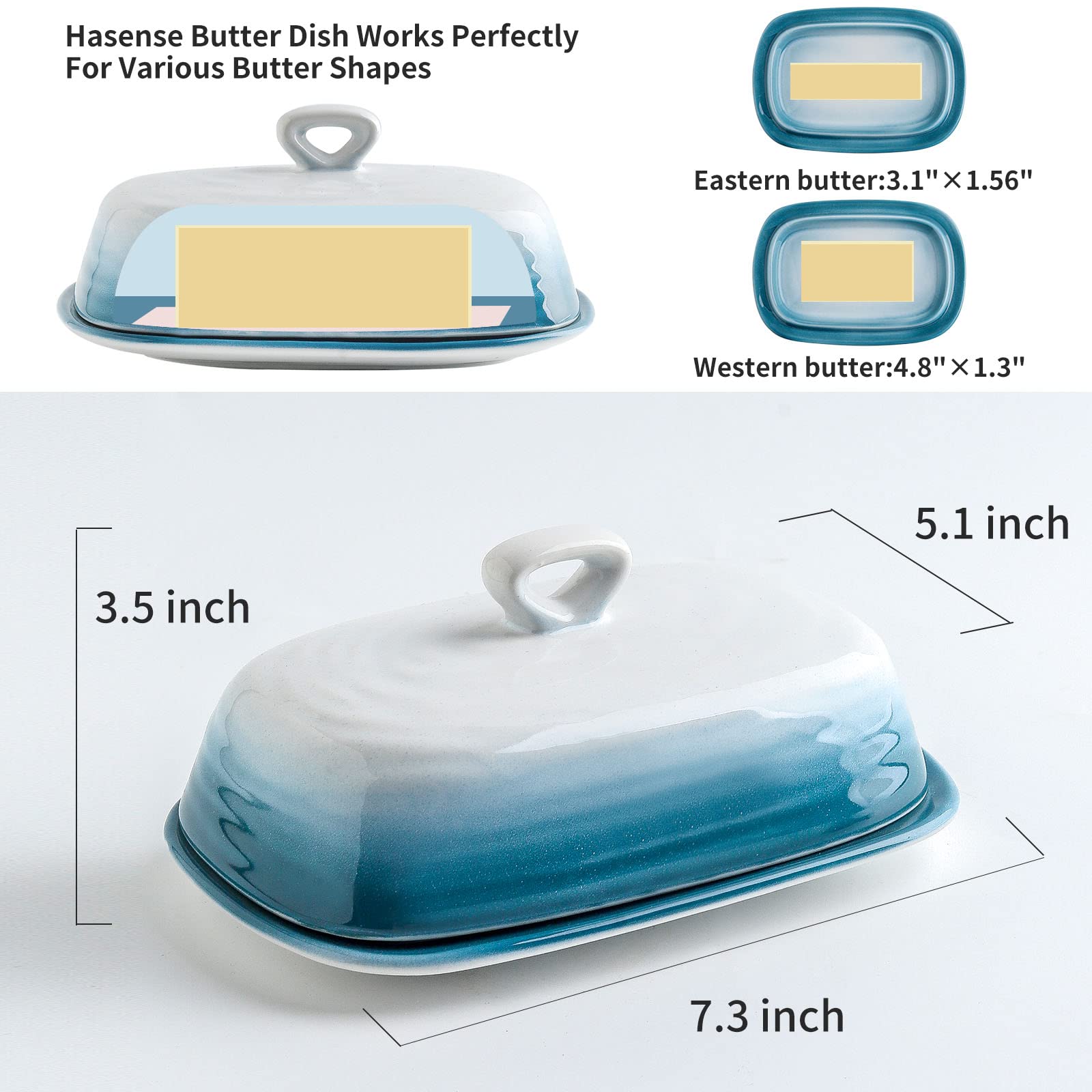 Hasense Butter Dish with Lid for Countertop, Ceramic Butter Holder with Handle Perfect for East West Coast Butter, Porcelain Covered Butter Tray Container with Lid for Butter Storage, Dark Blue