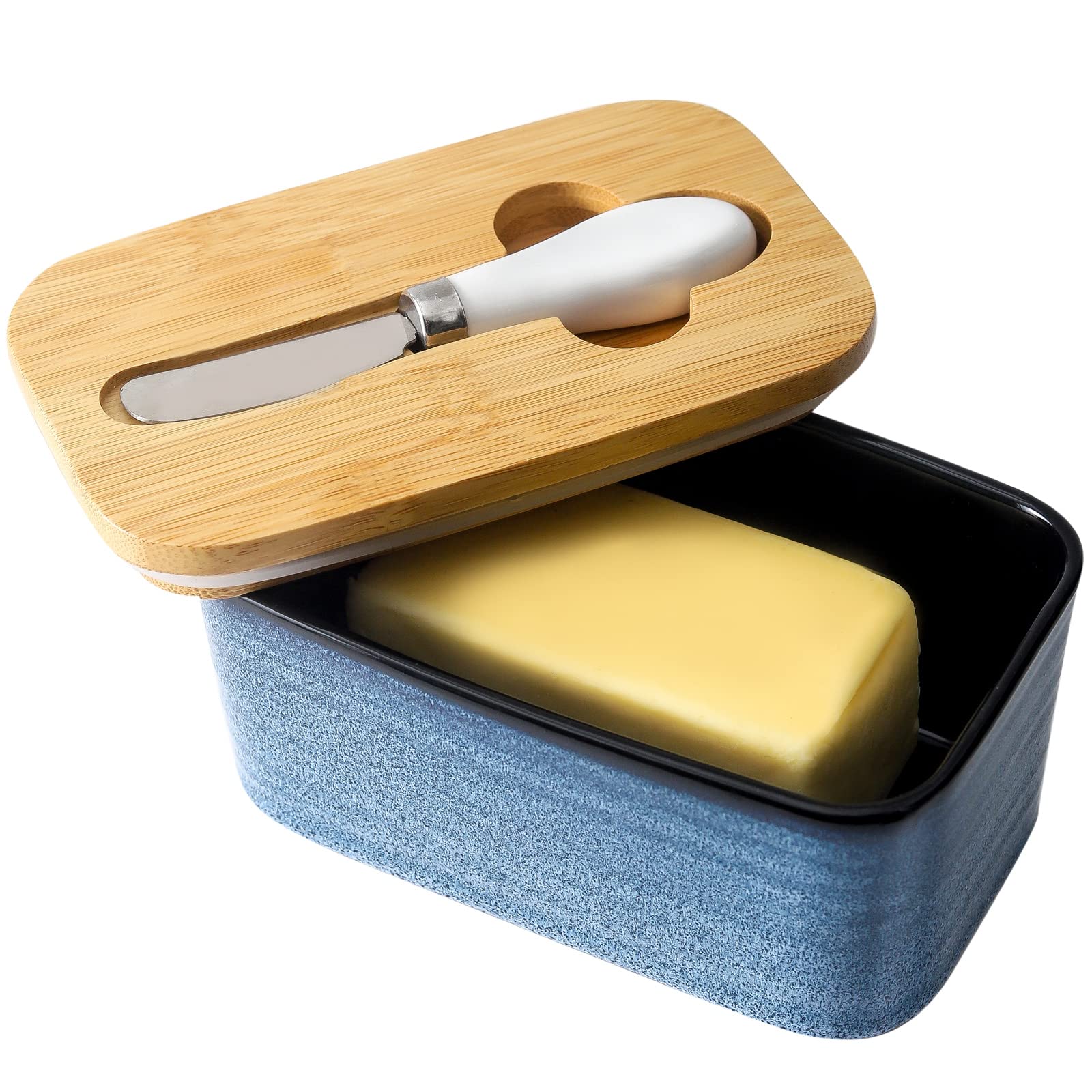 Hasense Airtight Butter Dish with Lid for Countertop and Refrigerator, Large Ceramic Covered Butter Holder Keeper Container with Knife and Silicone Sealing for Home Kitchen Farmhouse Decor, Navy