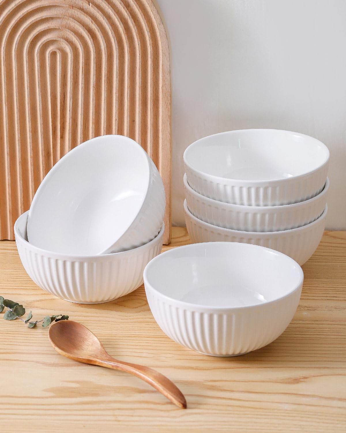 Hasense Cereal Bowls Set Ceramic 24 Oz - 6 Inch Soup Bowl Set of 6 for Kitchen,Modern Ribbed White Porcelain Dishes for Entertaining,Soup,Oatmeal,Pasta,Cereal,Noodle - Dishwasher & Microwave Safe