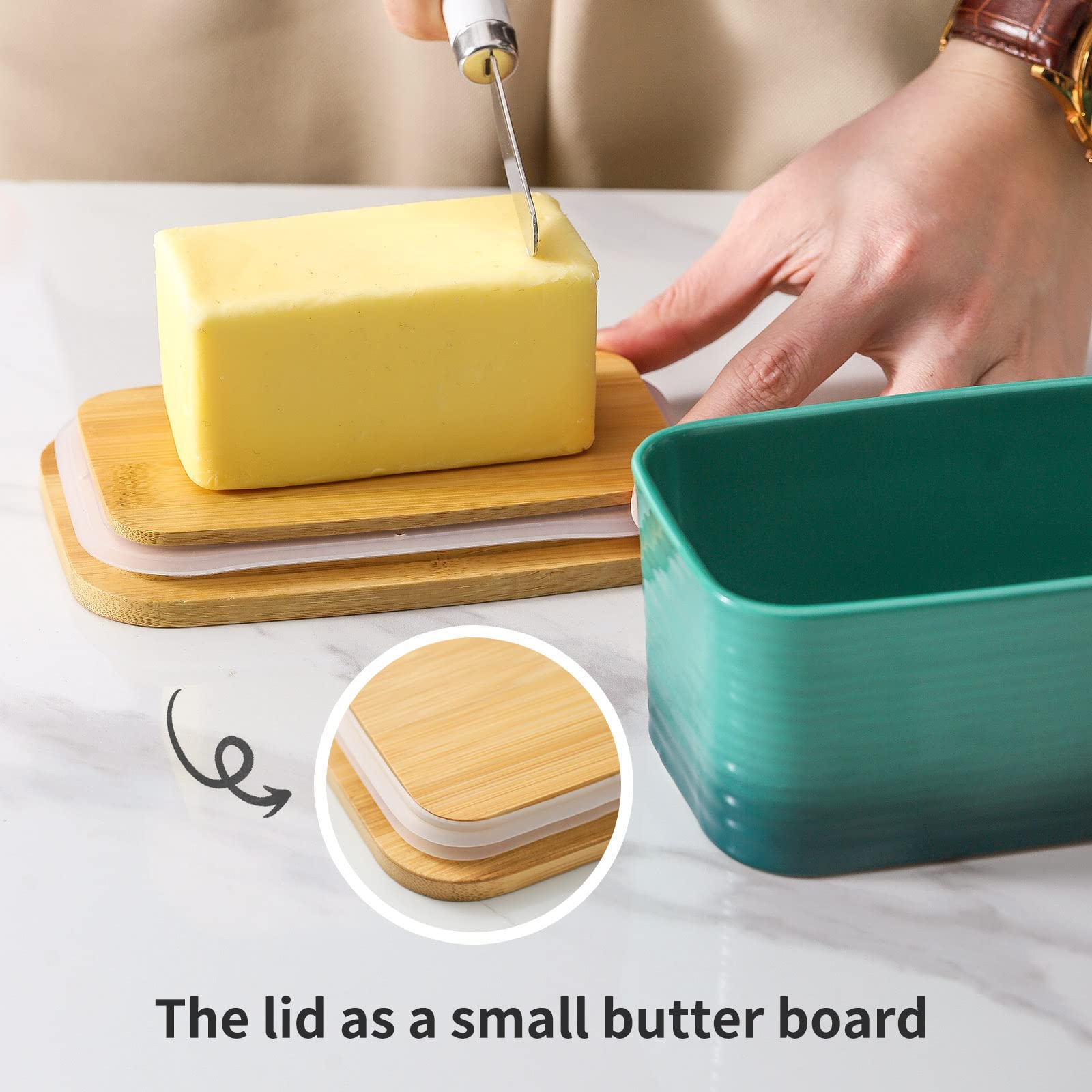 Hasense Large Butter Dish with Knife, Ceramic Butter Container with Lid For Countertop, Farmhouse Butter Holder with Spreader, Airtight Sealing Butter Keeper for Kitchen, Gradient Green