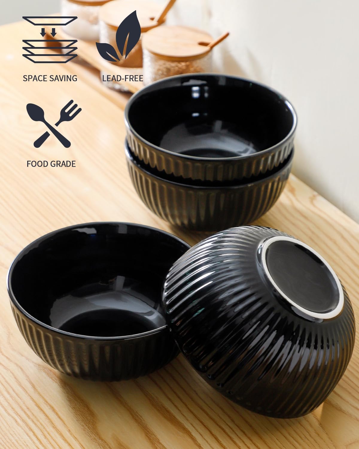 Hasense 7 Inch Large Serving Bowls Set of 4, 42 Oz Black Ceramic Salad Bowl for Kitchen,Modern Ribbed Porcelain Dishes for Entertaining,Soup,Pho,Pasta,Cereal, Noodle - Dishwasher & Microwave Safe