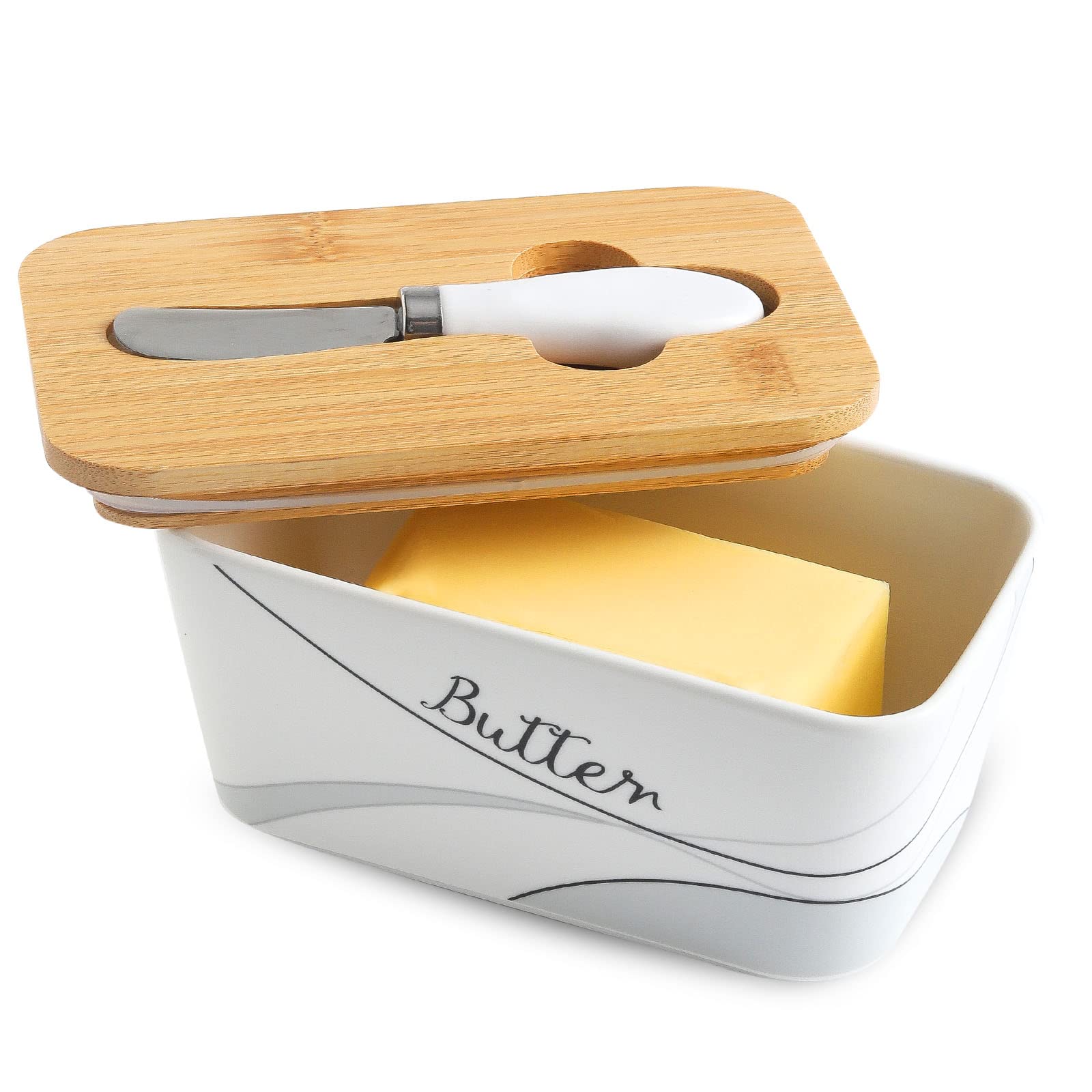 Hasense Covered Butter Dish with Lid for Countertop and Refrigerator, Large Ceramic Airtight Butter Holder Keeper Container with Knife Perfect for East West Coast Butter, Simple Lines