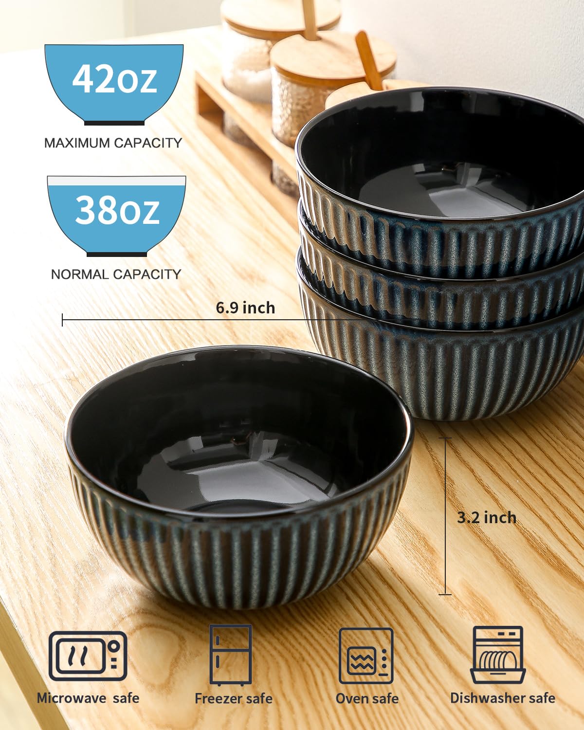 Hasense Large Ceramic Serving Bowls 42 Oz - 7 Inch Salad Bowl Set of 4 for Kitchen,Modern Ribbed Porcelain Dishes for Entertaining,Soup,Pho,Pasta,Cereal, Noodle - Dishwasher & Microwave Safe, Blue