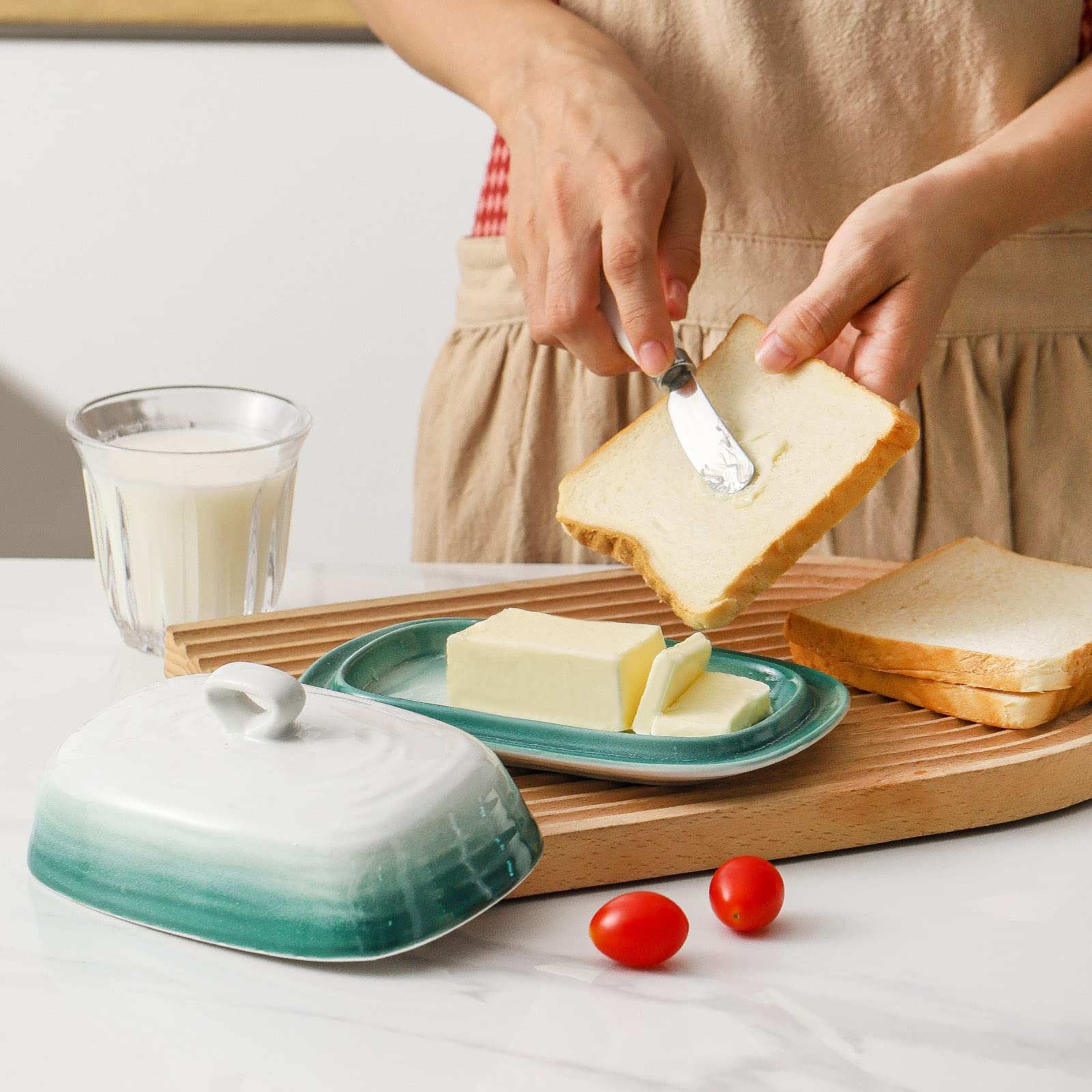 Hasense Butter Dish with Lid, Ceramic Butter Dish with Cover for Countertop, Porcelain Butter Keeper Holder with Handle Design for East West Coast Butter, Butter Tray with Lid for Fridge, Green