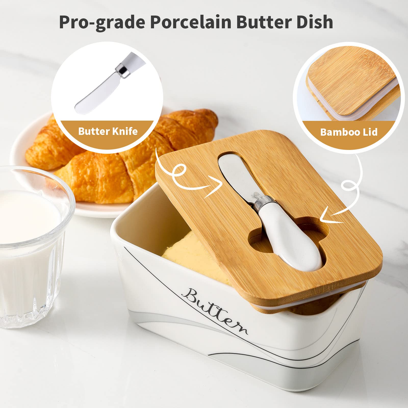 Hasense Covered Butter Dish with Lid for Countertop and Refrigerator, Large Ceramic Airtight Butter Holder Keeper Container with Knife Perfect for East West Coast Butter, Simple Lines