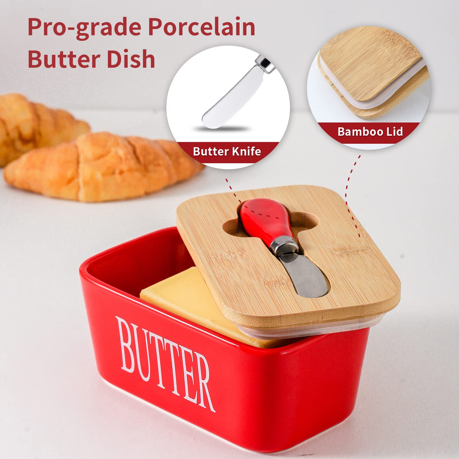 Hasense Airtight Butter Dish with Lid for Countertop and Refrigerator, Large Ceramic Covered Butter Holder Keeper Container with Knife and Silicone Sealing for Home Kitchen Farmhouse Decor, Red