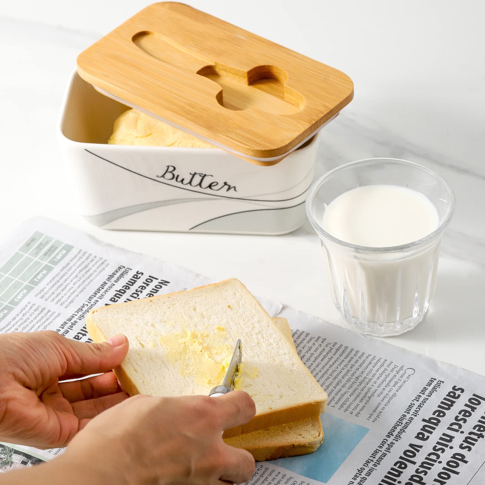 Hasense Covered Butter Dish with Lid for Countertop and Refrigerator, Large Ceramic Airtight Butter Holder Keeper Container with Knife Perfect for East West Coast Butter, Simple Lines