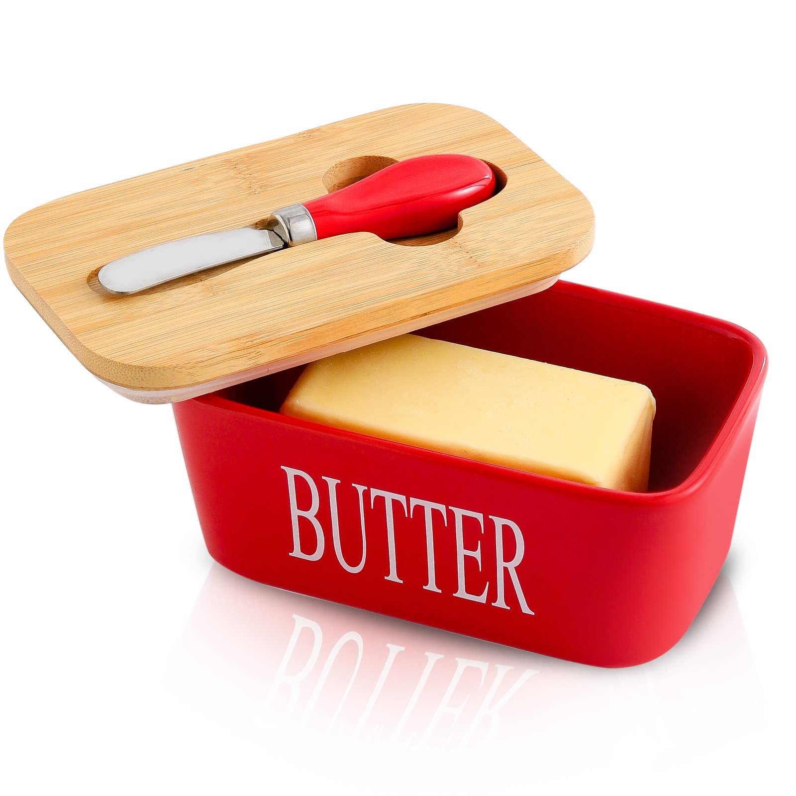 Hasense Airtight Butter Dish with Lid for Countertop and Refrigerator, Large Ceramic Covered Butter Holder Keeper Container with Knife and Silicone Sealing for Home Kitchen Farmhouse Decor, Red