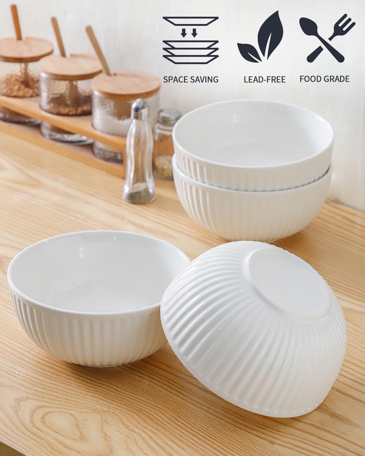 Hasense Large Serving Bowls 7 Inch - 42 Oz White Ceramic Salad Bowl Set of 4 for Kitchen,Modern Ribbed Porcelain Dishes for Entertaining,Soup,Pho,Pasta,Cereal, Noodle - Dishwasher & Microwave Safe