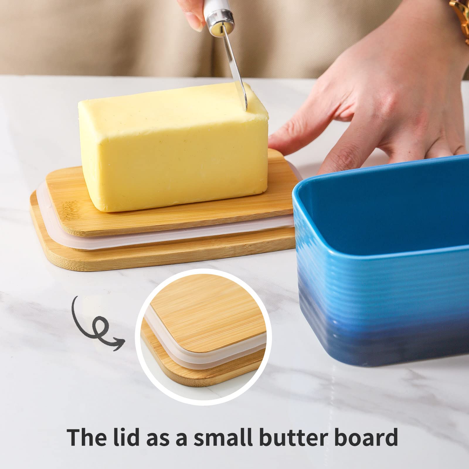 Hasense Large Butter Dish with Knife, Ceramic Butter Container with Lid for Countertop, Farmhouse Butter Holder with Spreader, Airtight Sealing Butter Keeper for Kitchen, Gradient Blue