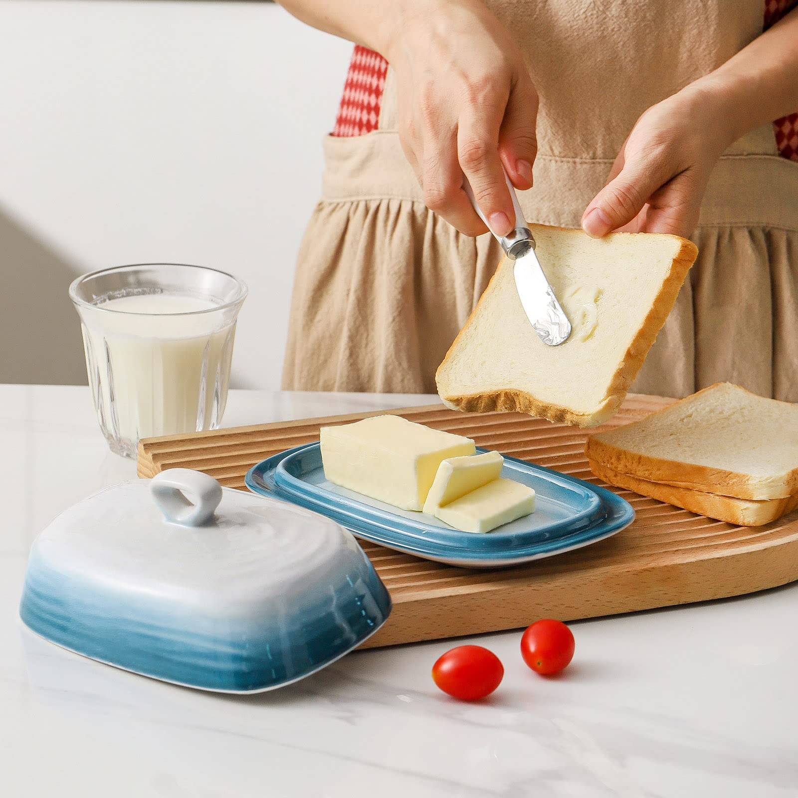 Hasense Butter Dish with Lid for Countertop, Ceramic Butter Holder with Handle Perfect for East West Coast Butter, Porcelain Covered Butter Tray Container with Lid for Butter Storage, Dark Blue