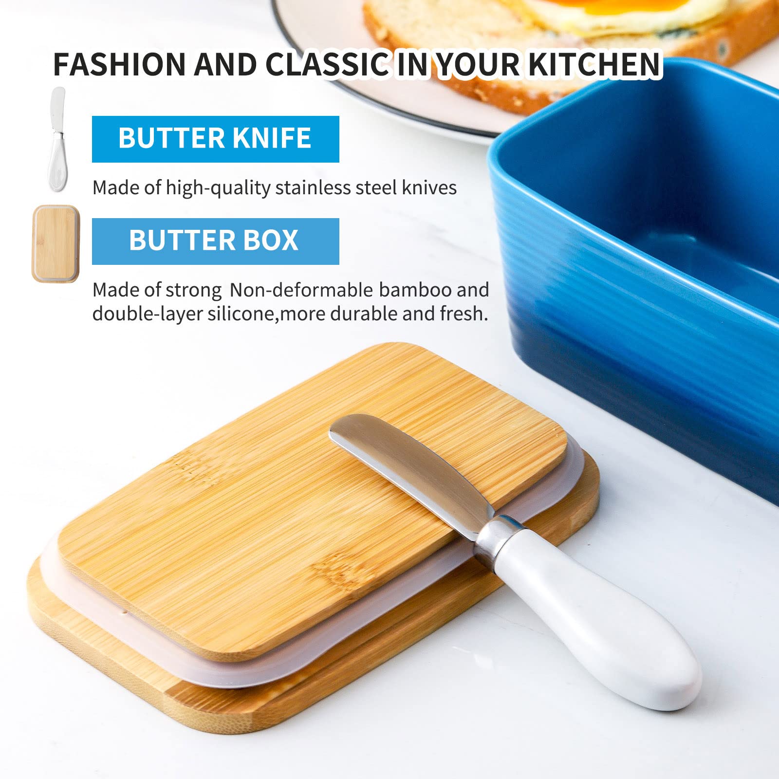 Hasense Large Butter Dish with Knife, Ceramic Butter Container with Lid for Countertop, Farmhouse Butter Holder with Spreader, Airtight Sealing Butter Keeper for Kitchen, Gradient Blue