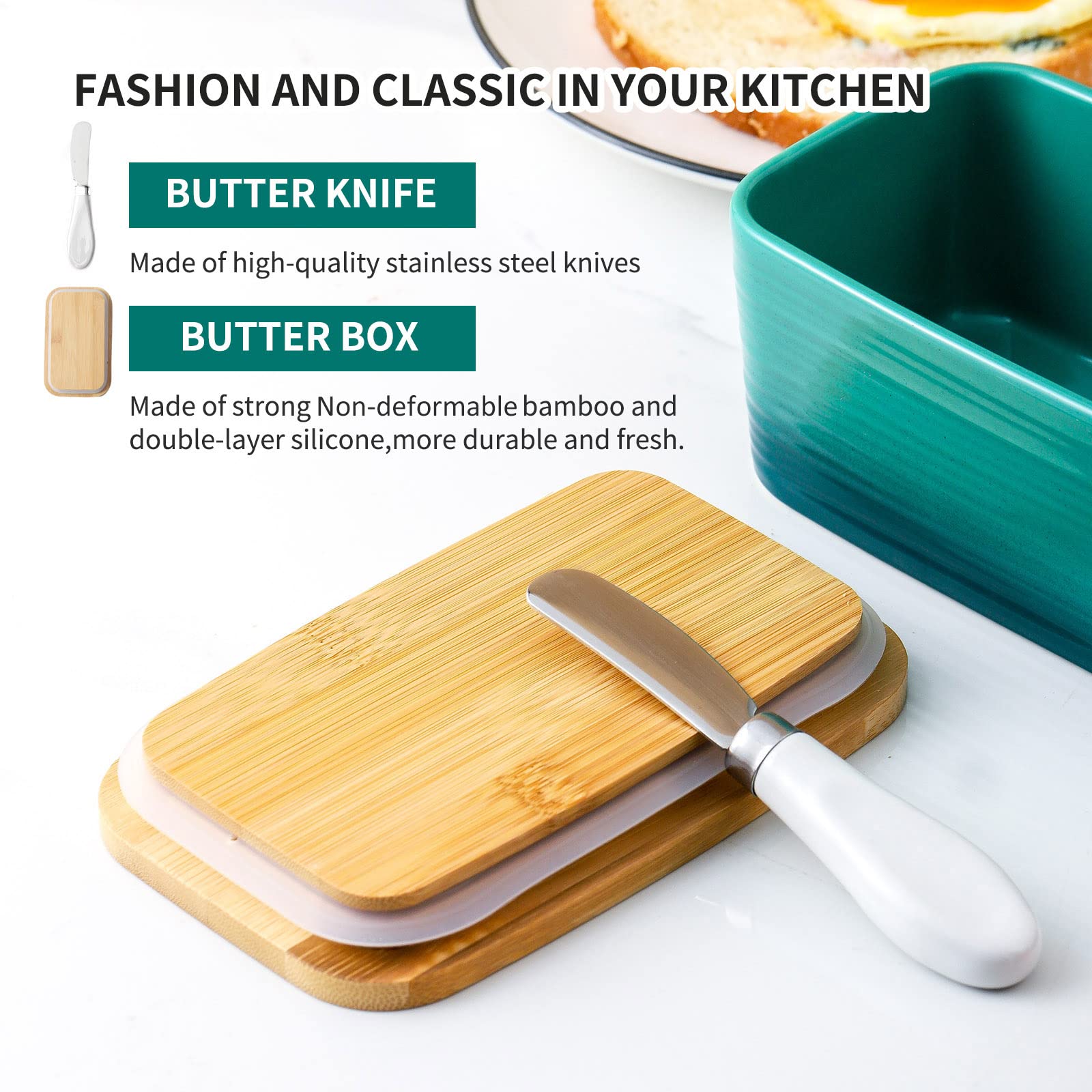 Hasense Large Butter Dish with Knife, Ceramic Butter Container with Lid For Countertop, Farmhouse Butter Holder with Spreader, Airtight Sealing Butter Keeper for Kitchen, Gradient Green