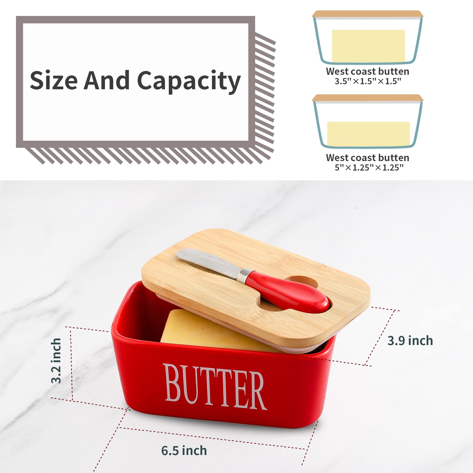 Hasense Airtight Butter Dish with Lid for Countertop and Refrigerator, Large Ceramic Covered Butter Holder Keeper Container with Knife and Silicone Sealing for Home Kitchen Farmhouse Decor, Red