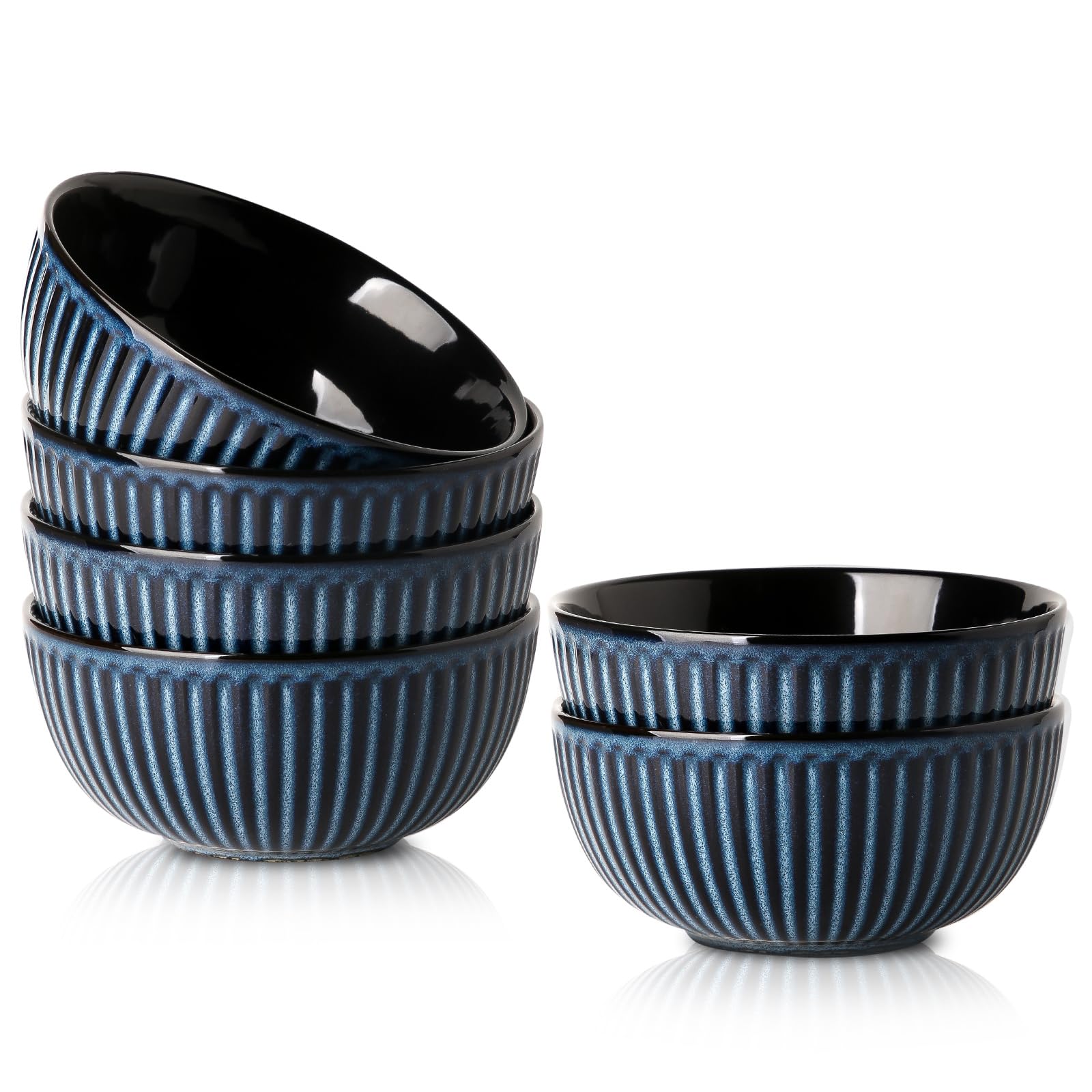 Hasense Porcelain Cereal Bowls Set 24 Oz - 6 Inch Soup Bowl Set of 6 for Kitchen,Modern Ribbed Ceramic Dishes for Entertaining,Soup,Oatmeal,Pasta,Cereal,Noodle - Dishwasher & Microwave Safe, Blue