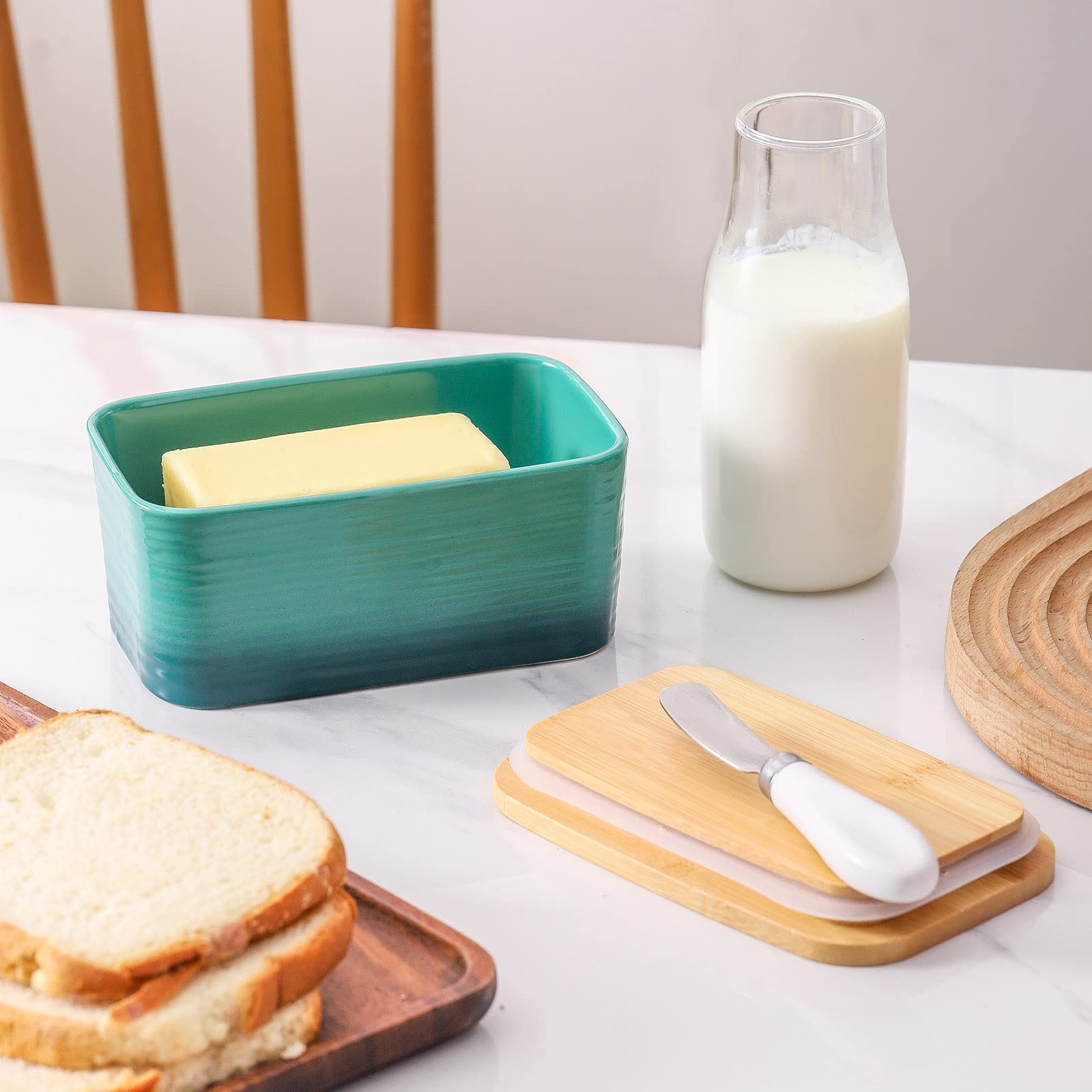 Hasense Large Butter Dish with Knife, Ceramic Butter Container with Lid For Countertop, Farmhouse Butter Holder with Spreader, Airtight Sealing Butter Keeper for Kitchen, Gradient Green