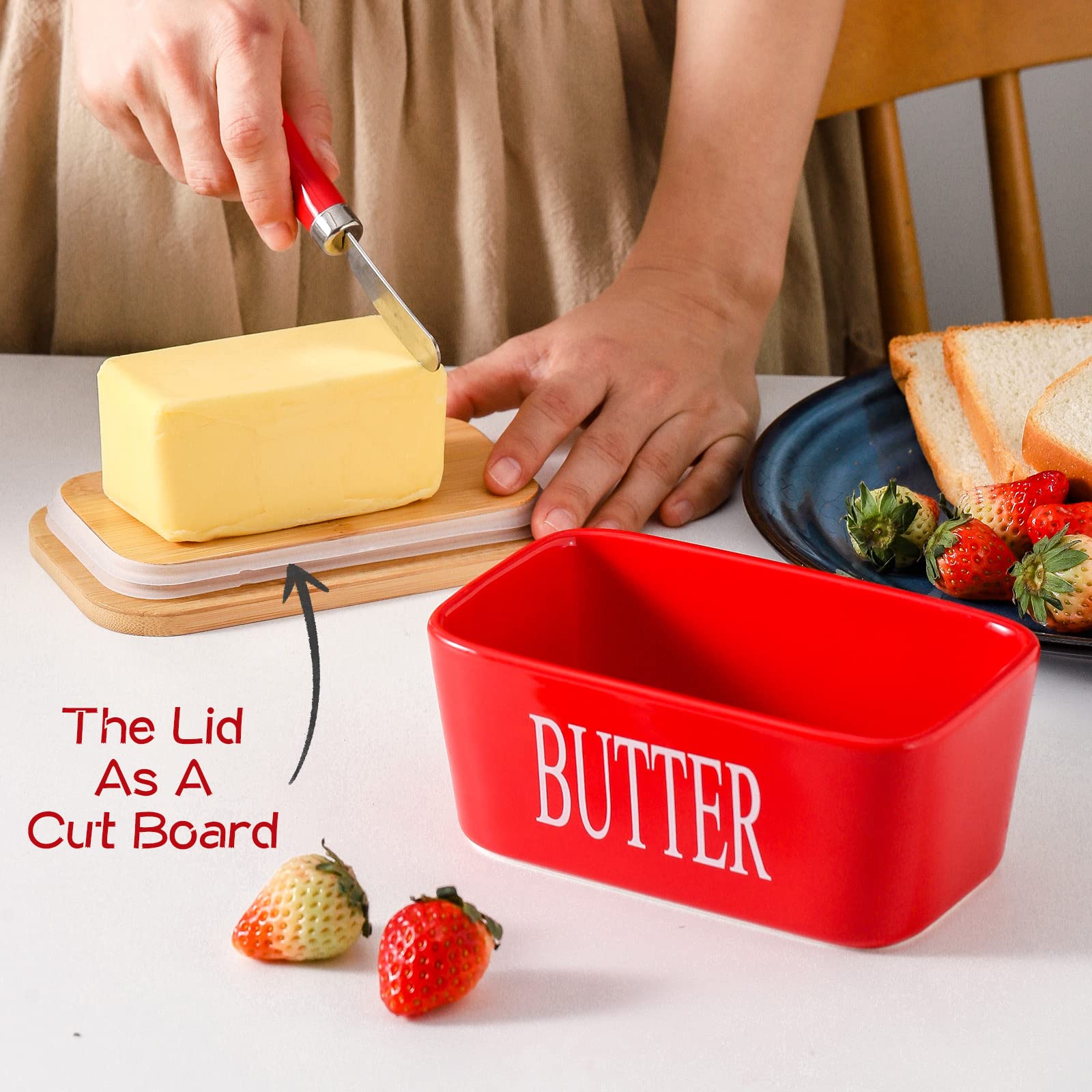 Hasense Airtight Butter Dish with Lid for Countertop and Refrigerator, Large Ceramic Covered Butter Holder Keeper Container with Knife and Silicone Sealing for Home Kitchen Farmhouse Decor, Red