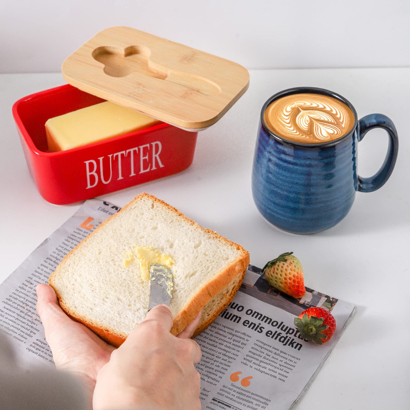 Hasense Airtight Butter Dish with Lid for Countertop and Refrigerator, Large Ceramic Covered Butter Holder Keeper Container with Knife and Silicone Sealing for Home Kitchen Farmhouse Decor, Red