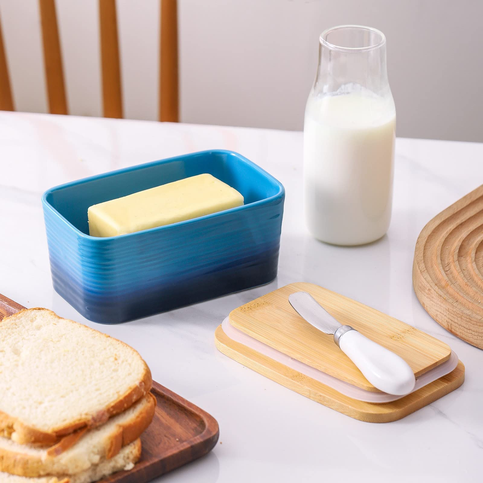 Hasense Large Butter Dish with Knife, Ceramic Butter Container with Lid for Countertop, Farmhouse Butter Holder with Spreader, Airtight Sealing Butter Keeper for Kitchen, Gradient Blue