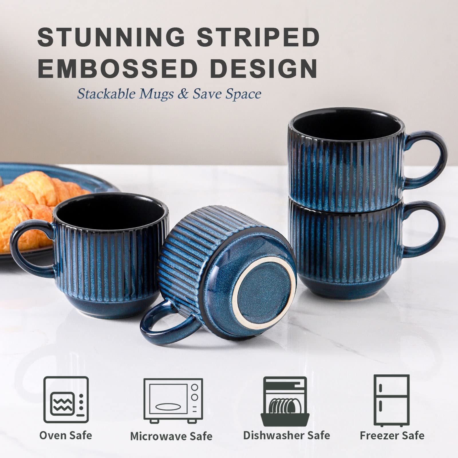 Hasense Coffee Cups Set of 4 with Stand, 15 OZ Stackable Coffee Mugs with Handle for Tea, Cocoa, Cappuccino, Latte and Americano, Porcelain Vertical Stripe Coffee Cups for Men and Women, Navy