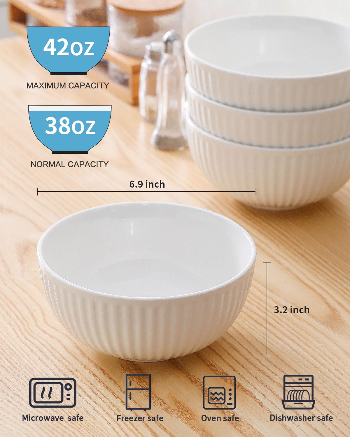 Hasense Large Serving Bowls 7 Inch - 42 Oz White Ceramic Salad Bowl Set of 4 for Kitchen,Modern Ribbed Porcelain Dishes for Entertaining,Soup,Pho,Pasta,Cereal, Noodle - Dishwasher & Microwave Safe