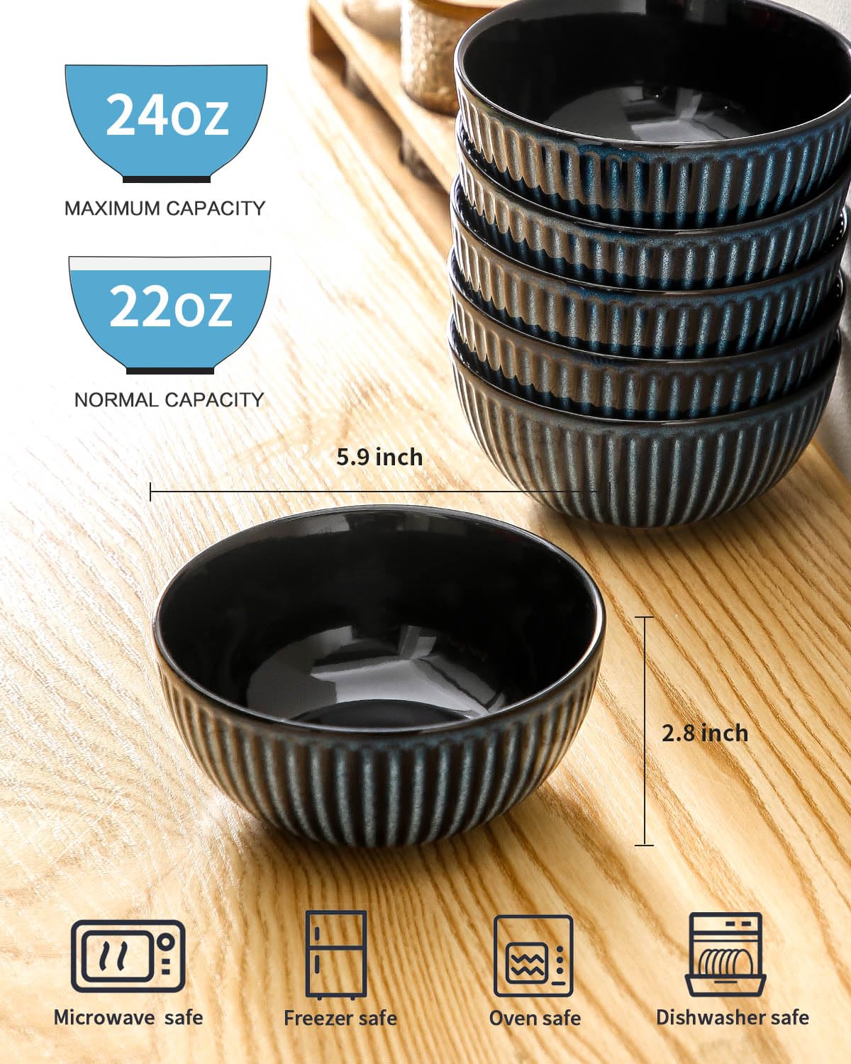 Hasense Porcelain Cereal Bowls Set 24 Oz - 6 Inch Soup Bowl Set of 6 for Kitchen,Modern Ribbed Ceramic Dishes for Entertaining,Soup,Oatmeal,Pasta,Cereal,Noodle - Dishwasher & Microwave Safe, Blue