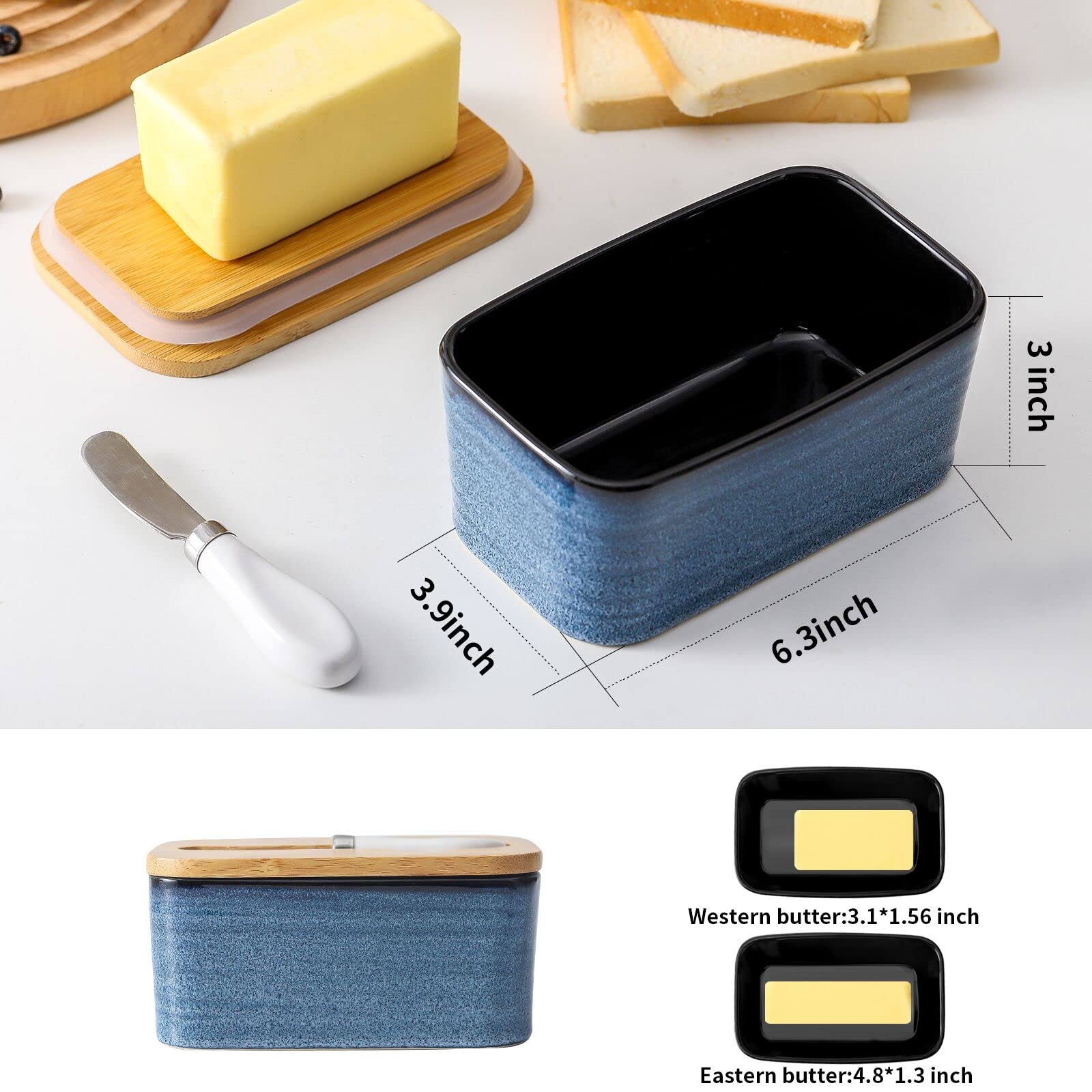 Hasense Airtight Butter Dish with Lid for Countertop and Refrigerator, Large Ceramic Covered Butter Holder Keeper Container with Knife and Silicone Sealing for Home Kitchen Farmhouse Decor, Navy