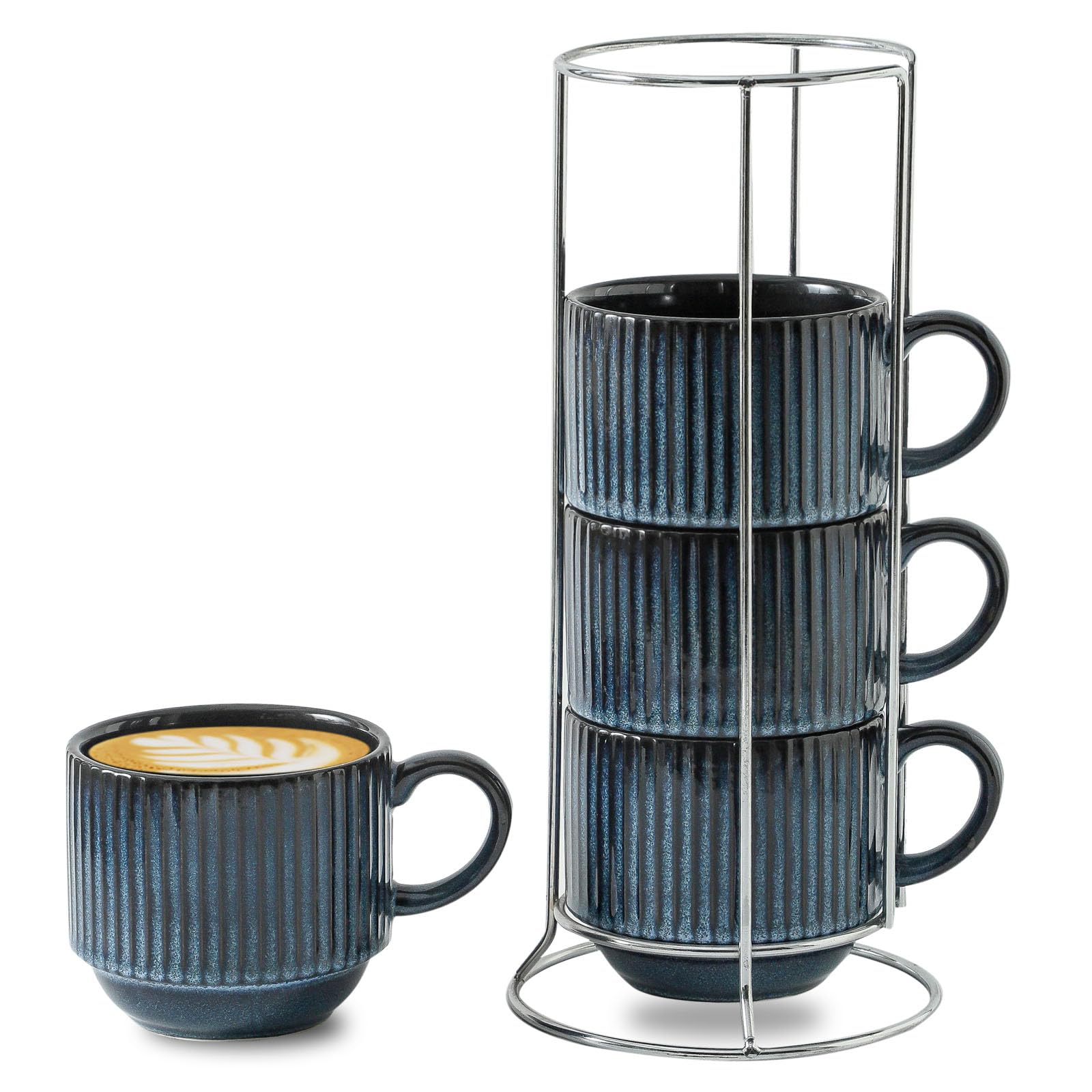 Hasense Coffee Cups Set of 4 with Stand, 15 OZ Stackable Coffee Mugs with Handle for Tea, Cocoa, Cappuccino, Latte and Americano, Porcelain Vertical Stripe Coffee Cups for Men and Women, Navy