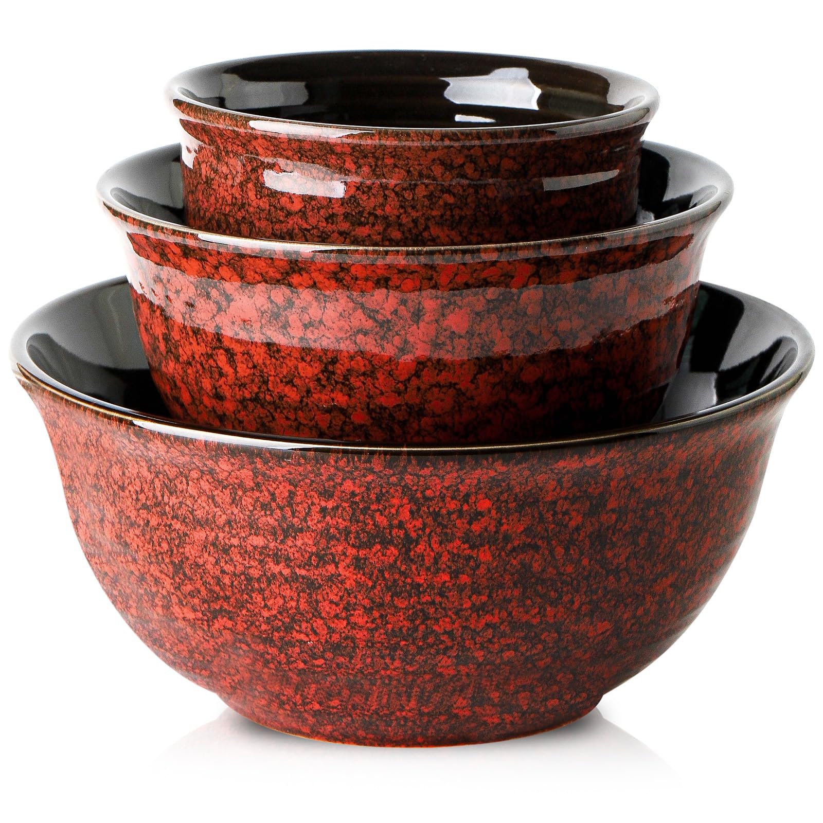 Hasense Ceramic Mixing Bowls, Large Serving Dishes Set of 3 for Cooking, Baking, Prepping, Porcelain Nesting Bowls for Salads, Fruit, Popcorn, Cereal, 2.1/1.0/0.5 Qt, Dishwasher & Microwave Safe, Red